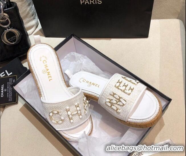 Luxury Chanel Chain CC Canvas Slide Sandals G34826 White 2021