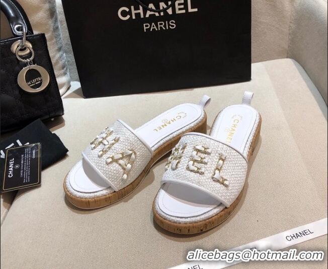 Luxury Chanel Chain CC Canvas Slide Sandals G34826 White 2021