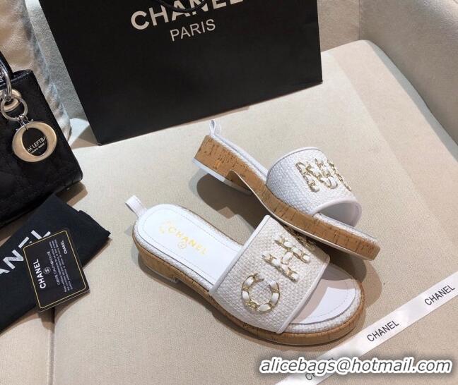 Luxury Chanel Chain CC Canvas Slide Sandals G34826 White 2021