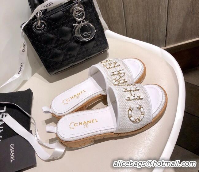 Luxury Chanel Chain CC Canvas Slide Sandals G34826 White 2021