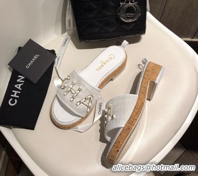 Luxury Chanel Chain CC Canvas Slide Sandals G34826 White 2021