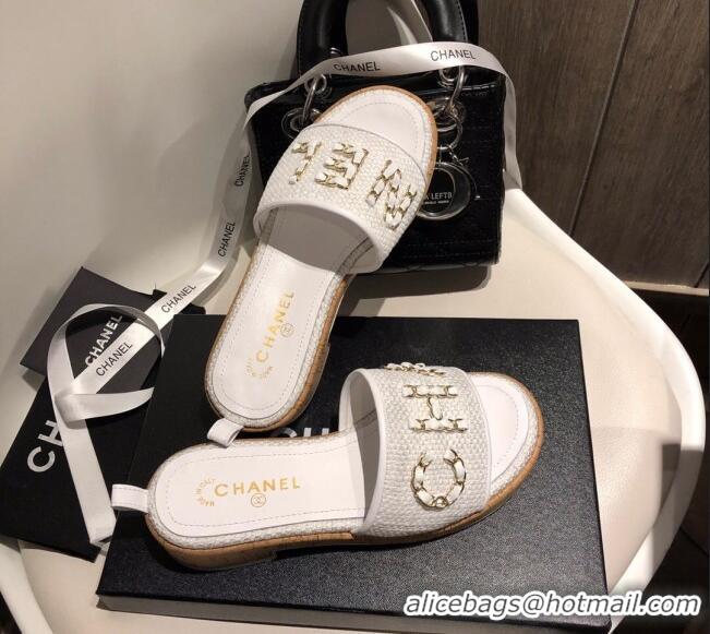 Luxury Chanel Chain CC Canvas Slide Sandals G34826 White 2021