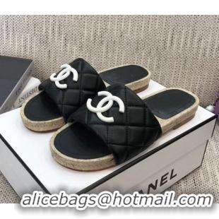 Classic Hot Chanel Quilted Lambskin Flat Espadrilles Slide Sandals 022433 Black 2021