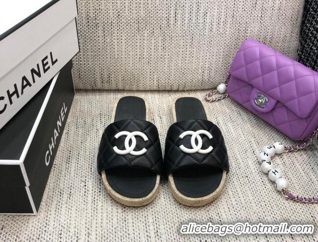 Classic Hot Chanel Quilted Lambskin Flat Espadrilles Slide Sandals 022433 Black 2021