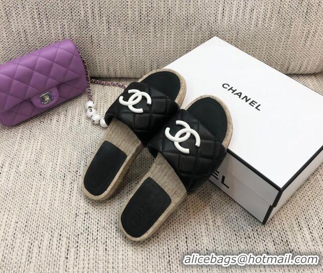 Classic Hot Chanel Quilted Lambskin Flat Espadrilles Slide Sandals 022433 Black 2021