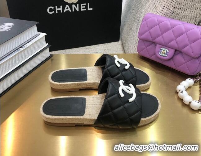 Classic Hot Chanel Quilted Lambskin Flat Espadrilles Slide Sandals 022433 Black 2021