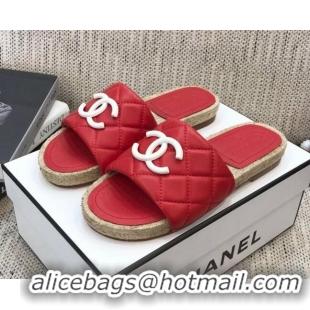 Popular Style Chanel Quilted Lambskin Flat Espadrilles Slide Sandals 022433 Red 2021