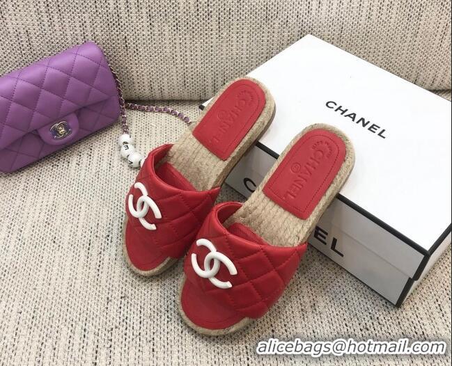 Popular Style Chanel Quilted Lambskin Flat Espadrilles Slide Sandals 022433 Red 2021