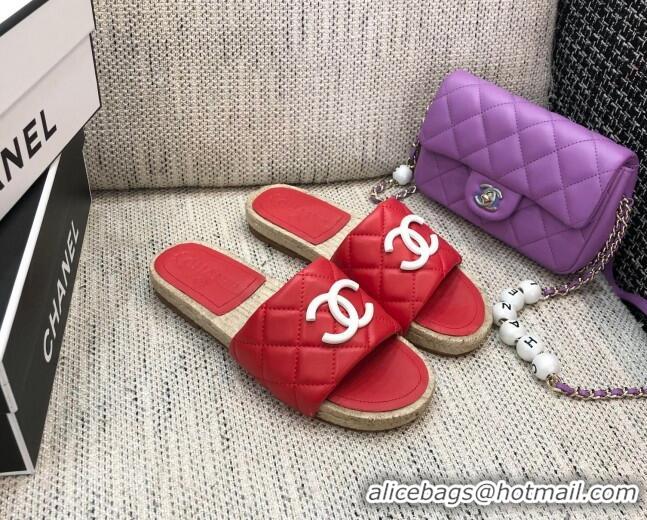 Popular Style Chanel Quilted Lambskin Flat Espadrilles Slide Sandals 022433 Red 2021