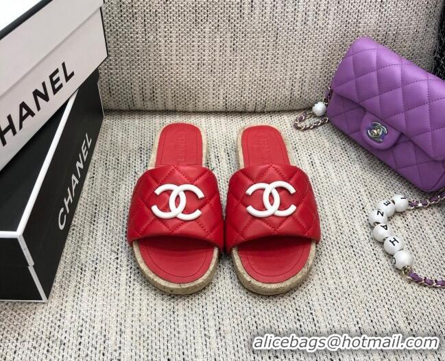 Popular Style Chanel Quilted Lambskin Flat Espadrilles Slide Sandals 022433 Red 2021