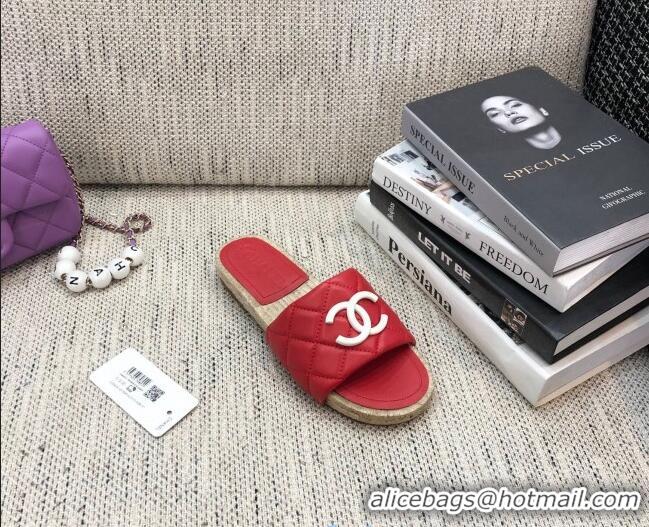 Popular Style Chanel Quilted Lambskin Flat Espadrilles Slide Sandals 022433 Red 2021