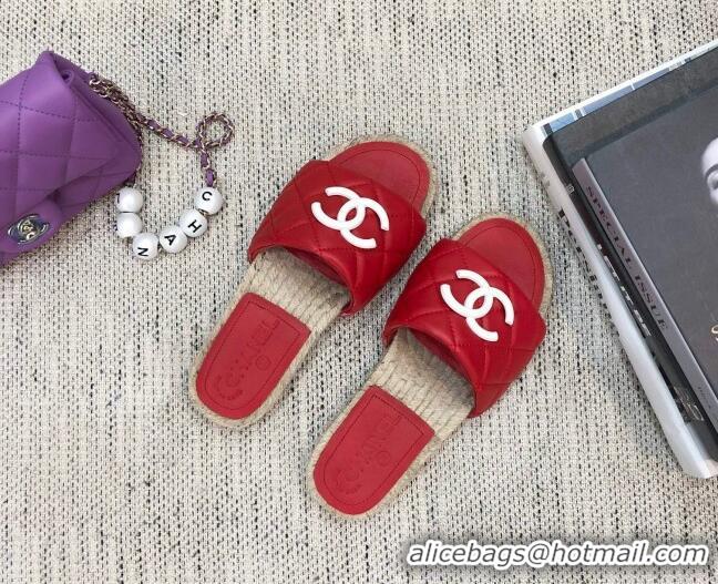 Popular Style Chanel Quilted Lambskin Flat Espadrilles Slide Sandals 022433 Red 2021