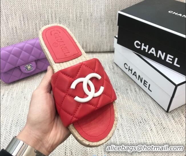 Popular Style Chanel Quilted Lambskin Flat Espadrilles Slide Sandals 022433 Red 2021