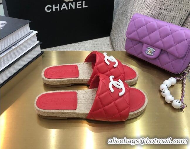 Popular Style Chanel Quilted Lambskin Flat Espadrilles Slide Sandals 022433 Red 2021