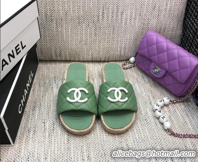 Lower Price Chanel Quilted Lambskin Flat Espadrilles Slide Sandals 022433 Green 2021