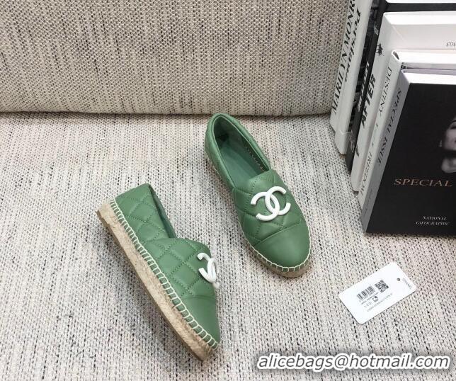 Best Price Chanel Quilted Lambskin Flat Espadrilles with White CC 022445 Light Green 2021