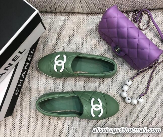 Best Price Chanel Quilted Lambskin Flat Espadrilles with White CC 022445 Light Green 2021