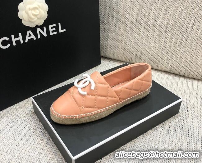 Good Quality Chanel Quilted Lambskin Flat Espadrilles with White CC 022445 Light Pink 2021