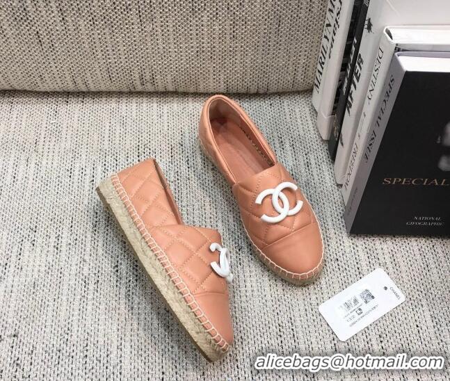 Good Quality Chanel Quilted Lambskin Flat Espadrilles with White CC 022445 Light Pink 2021