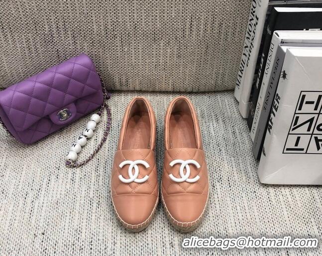 Good Quality Chanel Quilted Lambskin Flat Espadrilles with White CC 022445 Light Pink 2021