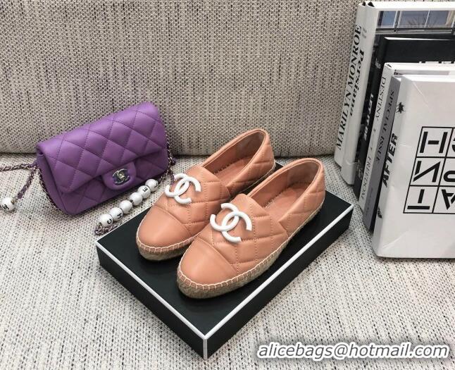 Good Quality Chanel Quilted Lambskin Flat Espadrilles with White CC 022445 Light Pink 2021