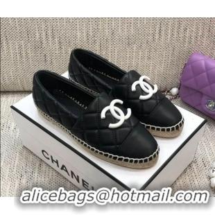 Duplicate Chanel Quilted Lambskin Flat Espadrilles with White CC 022445 Black 2021