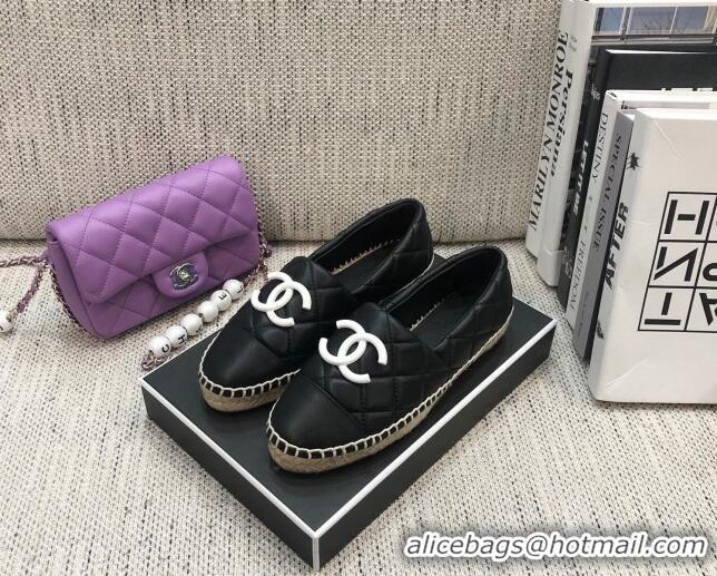 Duplicate Chanel Quilted Lambskin Flat Espadrilles with White CC 022445 Black 2021