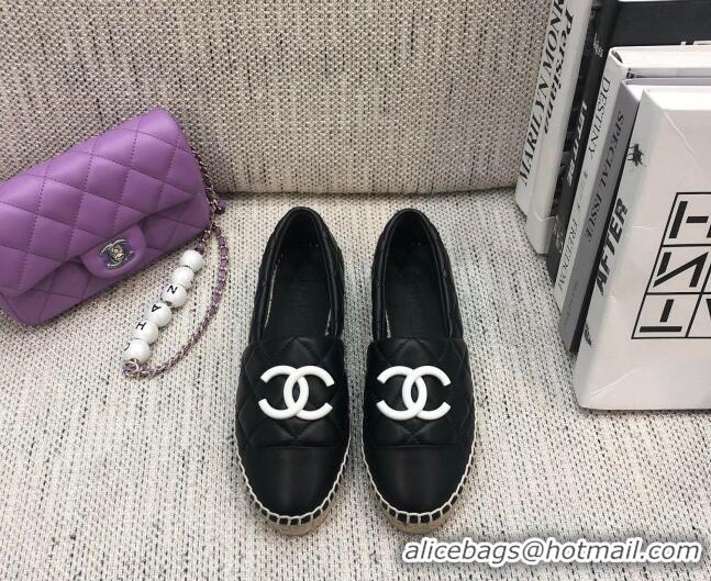 Duplicate Chanel Quilted Lambskin Flat Espadrilles with White CC 022445 Black 2021