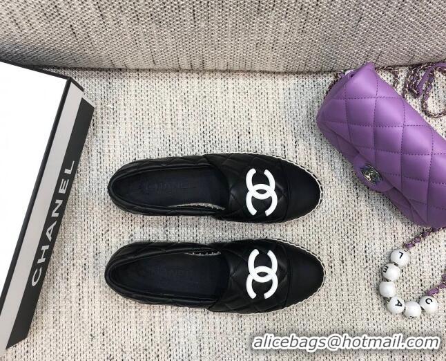 Duplicate Chanel Quilted Lambskin Flat Espadrilles with White CC 022445 Black 2021