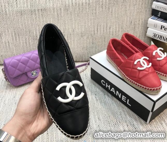 Duplicate Chanel Quilted Lambskin Flat Espadrilles with White CC 022445 Black 2021