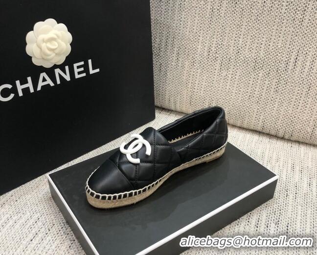 Duplicate Chanel Quilted Lambskin Flat Espadrilles with White CC 022445 Black 2021