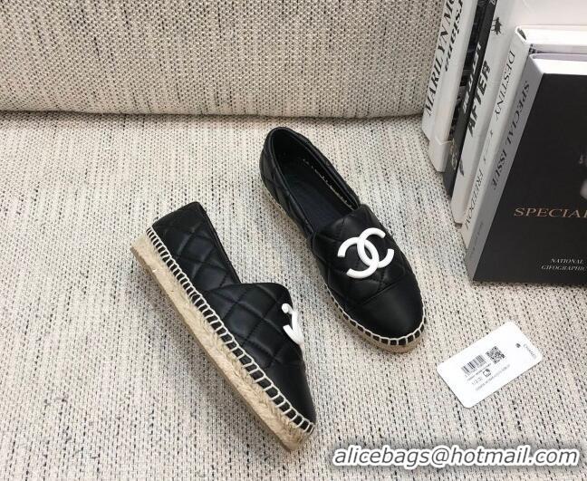 Duplicate Chanel Quilted Lambskin Flat Espadrilles with White CC 022445 Black 2021