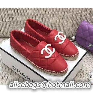 Top Quality Chanel Quilted Lambskin Flat Espadrilles with White CC 022445 Red 2021