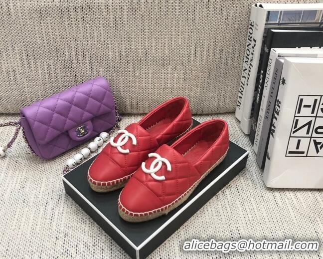 Top Quality Chanel Quilted Lambskin Flat Espadrilles with White CC 022445 Red 2021