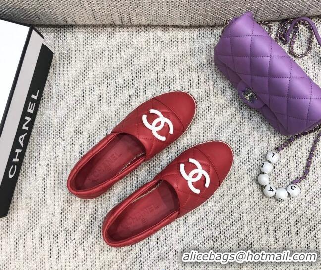 Top Quality Chanel Quilted Lambskin Flat Espadrilles with White CC 022445 Red 2021