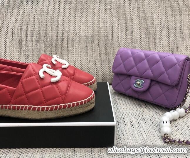 Top Quality Chanel Quilted Lambskin Flat Espadrilles with White CC 022445 Red 2021