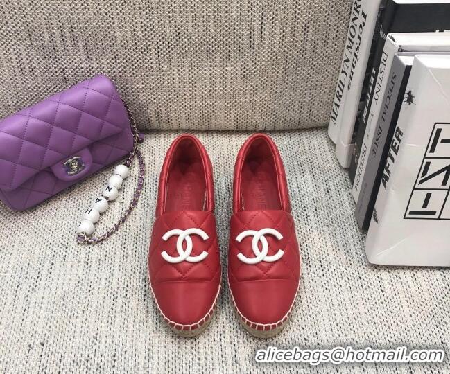 Top Quality Chanel Quilted Lambskin Flat Espadrilles with White CC 022445 Red 2021