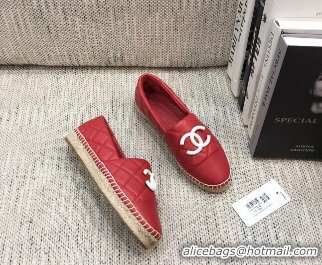 Top Quality Chanel Quilted Lambskin Flat Espadrilles with White CC 022445 Red 2021