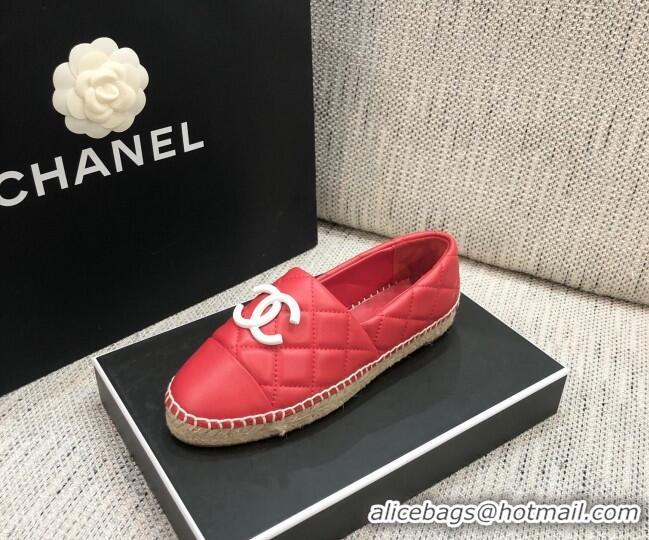 Top Quality Chanel Quilted Lambskin Flat Espadrilles with White CC 022445 Red 2021