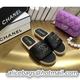 Best Price Chanel Quilted Lambskin Flat Espadrilles with White CC 022445 Black 2021