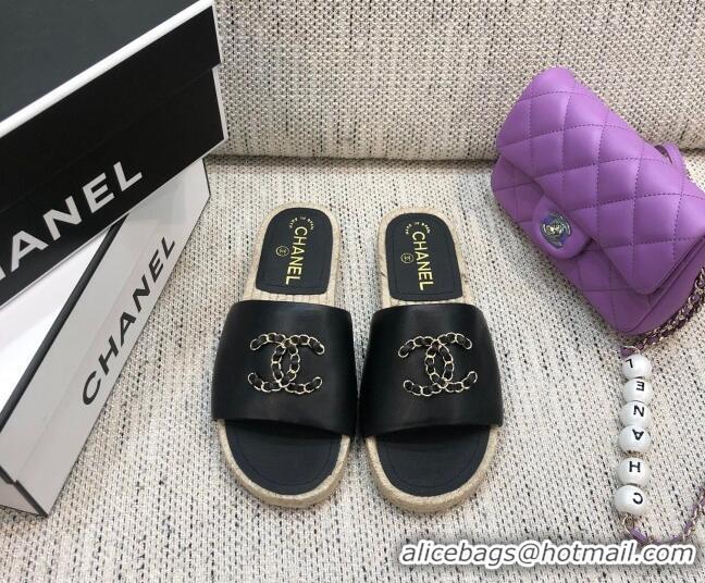 Best Price Chanel Quilted Lambskin Flat Espadrilles with White CC 022445 Black 2021