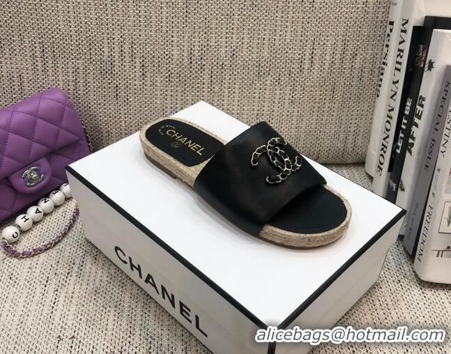 Best Price Chanel Quilted Lambskin Flat Espadrilles with White CC 022445 Black 2021