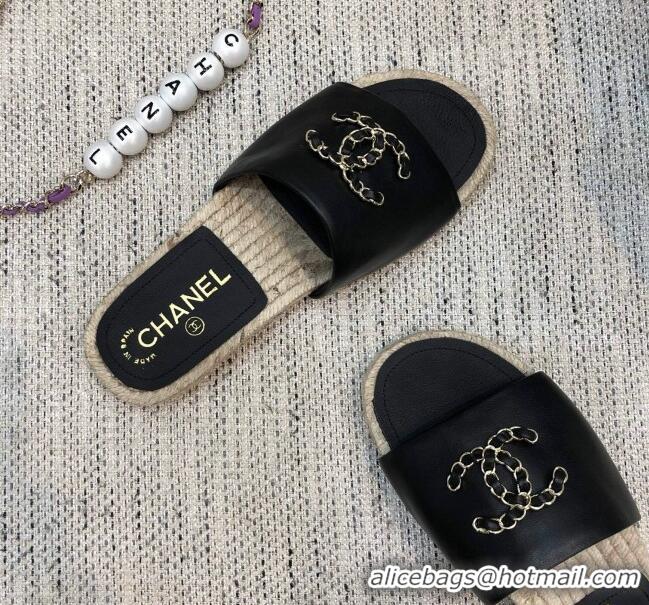 Best Price Chanel Quilted Lambskin Flat Espadrilles with White CC 022445 Black 2021