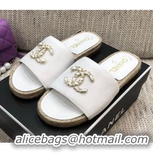 Best Price Chanel Chain CC Lambskin Espadrilles Slide Sandals 022452 White 2021