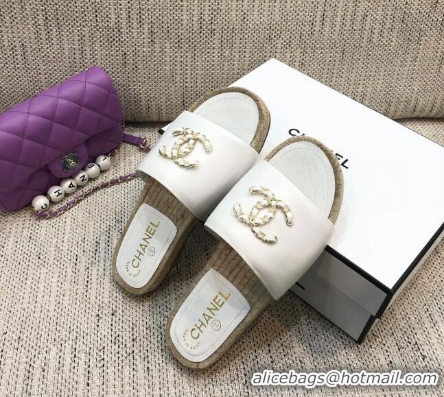 Best Price Chanel Chain CC Lambskin Espadrilles Slide Sandals 022452 White 2021