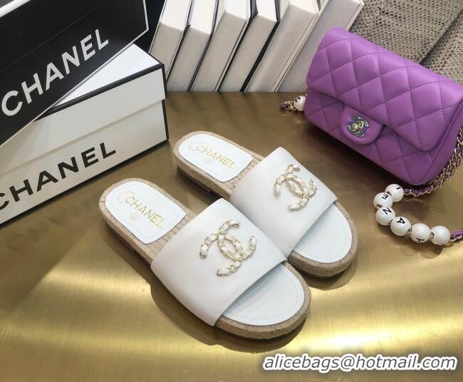 Best Price Chanel Chain CC Lambskin Espadrilles Slide Sandals 022452 White 2021