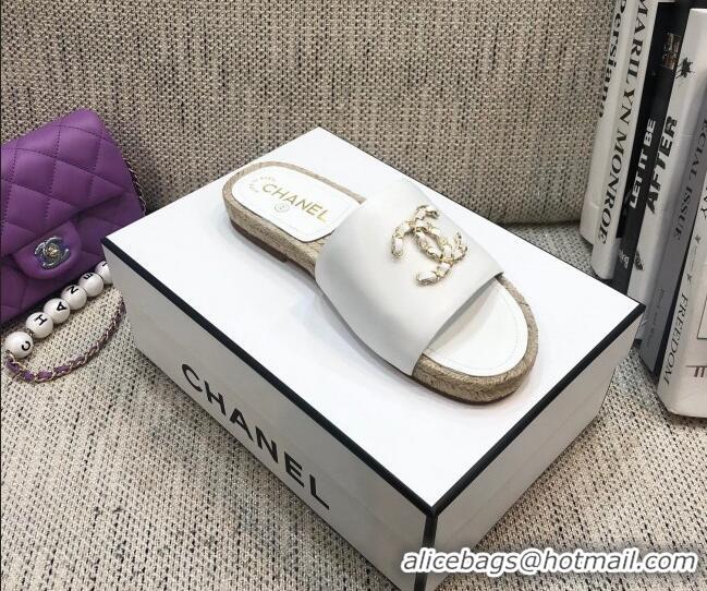 Best Price Chanel Chain CC Lambskin Espadrilles Slide Sandals 022452 White 2021