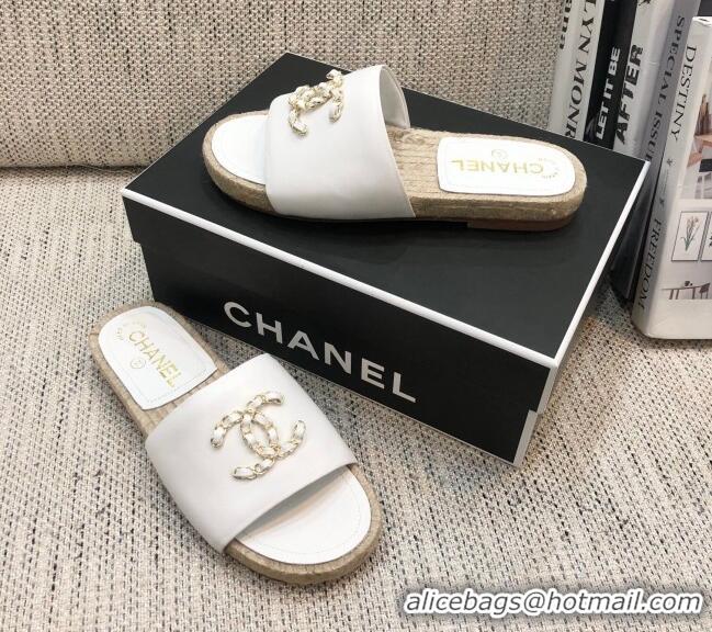 Best Price Chanel Chain CC Lambskin Espadrilles Slide Sandals 022452 White 2021