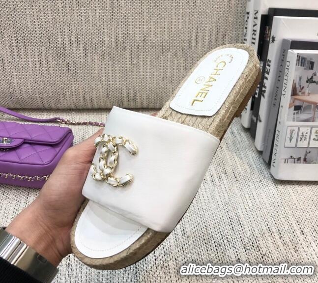 Best Price Chanel Chain CC Lambskin Espadrilles Slide Sandals 022452 White 2021