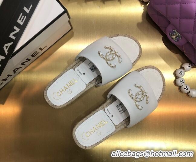 Best Price Chanel Chain CC Lambskin Espadrilles Slide Sandals 022452 White 2021